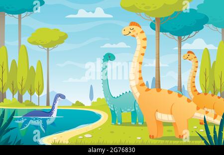 Dinosaurs composition with cartoon characters of dinos in natural habitat with wild landscape trees and lake vector illustration Stock Vector