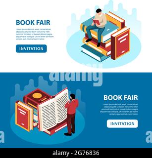 Isometric banners set with people reading books at fair 3d isolated vector illustration Stock Vector