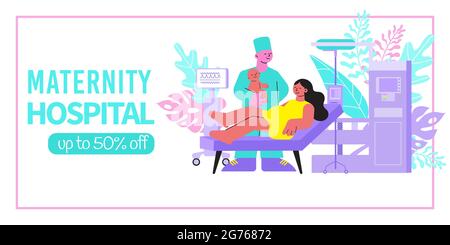 Maternity hospital horizontal banner with editable text discount and flat images of mother in birthing home vector illustration Stock Vector