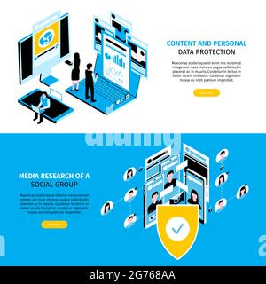 Horizontal isometric social media banner set with content and personal data protection and media research of a social group headlines vector illustrat Stock Vector