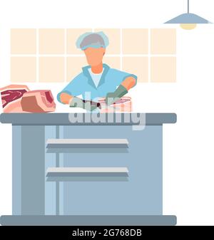 Meat processing plant flat composition with factory kitchen equipment with worker in uniform carving meat vector illustration Stock Vector