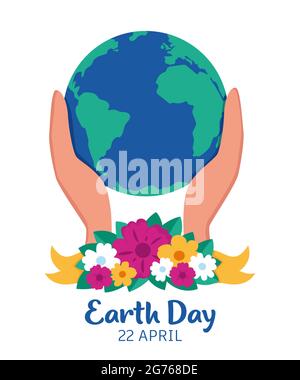 Happy Earth Day card. Earth planet with flowers. Planet Earth in caring hands. 22 of April. Hands holding earth ball. Save the planet. Flat style vect Stock Vector