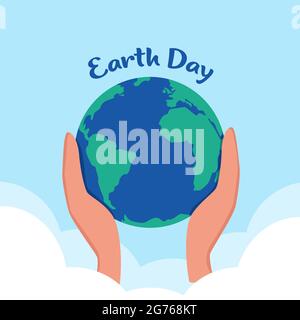 Earth Day. Planet Earth in caring hands. 22 of April. Hands holding earth ball. Save the planet. Flat style vector illustration Stock Vector