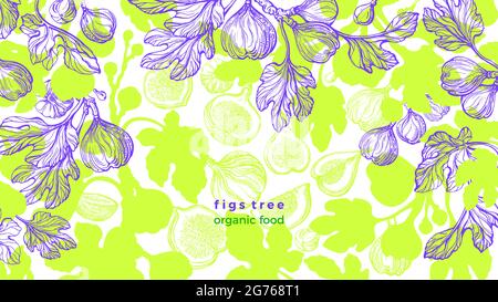 Fig tree. Vector illustration. Botanical plant, sweet fruit, texture green leaf. Art hand drawn doodle sketch on white background. Exotic pattern. Sum Stock Vector