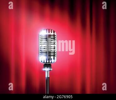 Microphone stand up show realistic composition with shiny microphone against a red theater curtain vector illustration Stock Vector