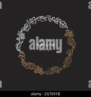 Vector floral symbol. Nature vintage wreath. Art drawn illustration isolated on black background. Coffee branch, tropical aroma bean. Organic lux card Stock Vector