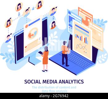 Isometric social media illustration with social media analytic headline and viewing content vector illustration Stock Vector