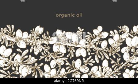 Argan plant. Vector illustration on white background. Art vintage pattern. Botanical branch, graphic berry, sketch texture leaves. Organic oil, bio pl Stock Vector