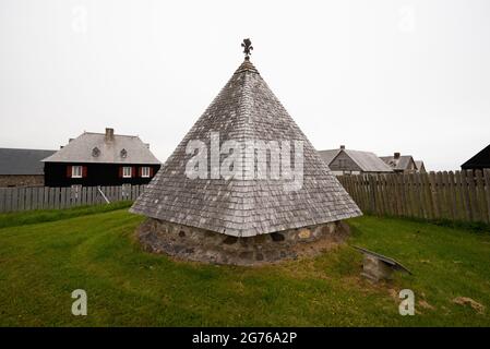 VIew of recreated, historical structures at the French Fortresse Louisbourg, Nova Scotia. Stock Photo