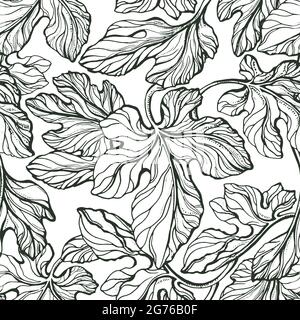 Foliage seamless pattern. Vector texture leaf. Botanical art hand drawn vintage illustration. Graphic simple camouflage. Abstract monochrome print. Fi Stock Vector