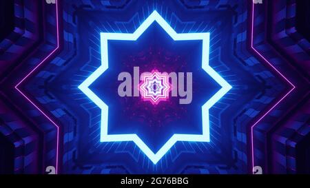 A 3D rendering of cool futuristic kaleidoscope patterns in vibrant blue and black colors Stock Photo