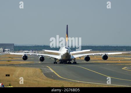 FRANKFURT, GERMANY - 09 JUL, 2017: Lufthansa Airbus A380 taxiing on the apron of Frankfurt Airport FRA