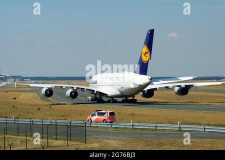 FRANKFURT, GERMANY - 09 JUL, 2017: Lufthansa Airbus A380 taxiing on the apron of Frankfurt Airport FRA