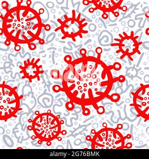 Corona virus seamless pattern. Art hand drawn doodle vector illustration. Illness symptom, bacteria, microbes, methods. Skin human rashes. Control inf Stock Vector