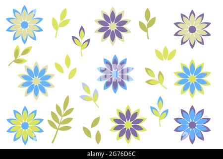 Colorful flowers and leaves flat set. Vector on white background. Stock Vector