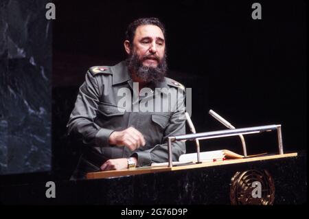 Cuban Leader Fidel Castro, Half-Length Portrait, speaking before General Assembly, United Nations, New York City, New York, USA, October 13, 1979 Stock Photo