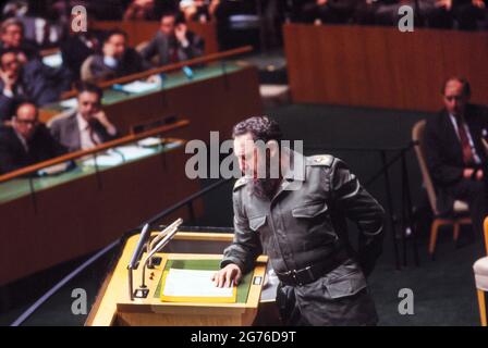 Cuban Leader Fidel Castro, Half-Length Portrait, speaking before General Assembly, United Nations, New York City, New York, USA, October 13, 1979 Stock Photo