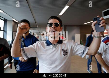 London, UK. 11th July, 2021. 2020 European Football Championships Final England versus Italy; England fans leaving Wembley Park Underground station and walking towards Wembley Stadium Credit: Action Plus Sports/Alamy Live News Stock Photo