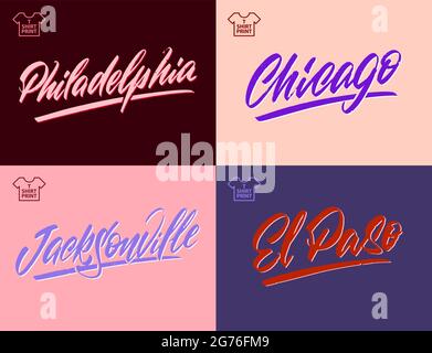 Vintage handwritten brush lettering of America cities. Chicago, Philadelphia, El Paso, Jacksonville. Vector illustration. Stock Vector