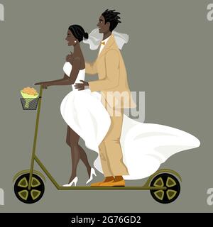 isolated image of happy newlyweds riding a scooter, on gray background Stock Vector