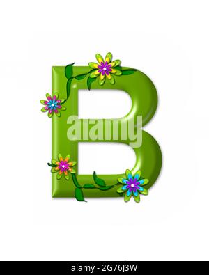 The letter B, in the alphabet set 'Wonderland' is 3d and colored green.  Letter is decorated with 3d flowers and vines. Stock Photo