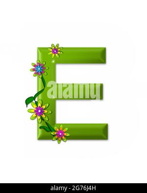 The letter E, in the alphabet set 'Wonderland' is 3d and colored green.  Letter is decorated with 3d flowers and vines. Stock Photo