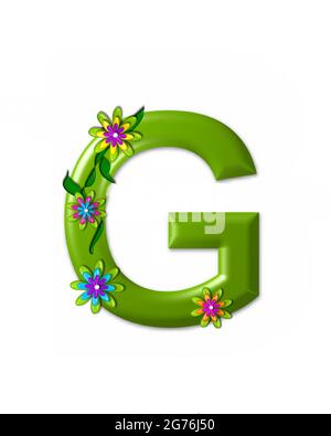 The letter G, in the alphabet set 'Wonderland' is 3d and colored green.  Letter is decorated with 3d flowers and vines. Stock Photo