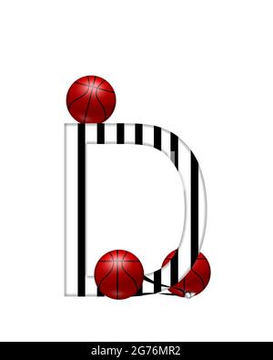 The letter D,in the alphabet set 'Referee', is black and white striped.  A whistle, on a black ribbon, and basketballs decorate each letter. Stock Photo