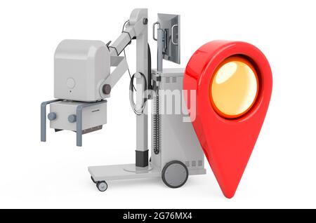 Map pointer with mobile x-ray machine, 3D rendering isolated on white background Stock Photo
