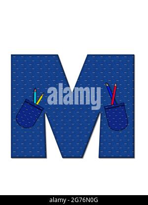 The letter M, in the alphabet set 'School Days', in dressed in denim material with tilted pocket filled with pencils or crayons.  An apple with a worm Stock Photo