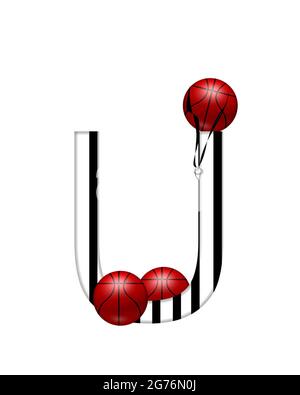 The letter U,in the alphabet set 'Referee', is black and white striped.  A whistle, on a black ribbon, and basketballs decorate each letter. Stock Photo