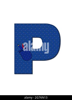 The letter P, in the alphabet set 'School Days', in dressed in denim material with tilted pocket filled with pencils or crayons.  An apple with a worm Stock Photo