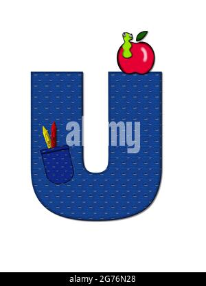 The letter U, in the alphabet set 'School Days', in dressed in denim material with tilted pocket filled with pencils or crayons.  An apple with a worm Stock Photo