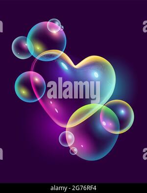 Colourful abstract rainbow bubbles with a love heart Realistic Vector illustration. Stock Vector
