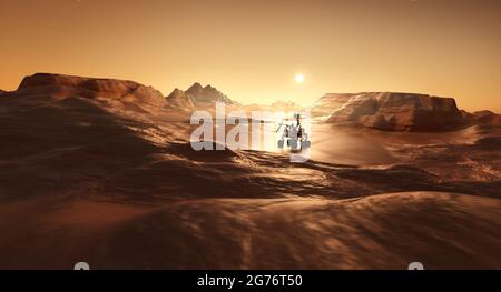 A rover on the surface of mars looking for signs of life. Science and exploration 3D illustration. Stock Photo