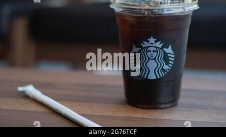 Cold brew coffee with the Starbucks logo on it, isolated cold brew, iced coffee Stock Photo