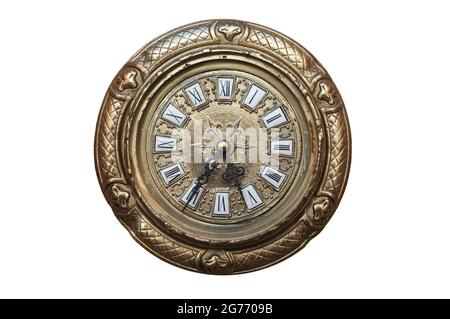 Antique brass fireplace clock. Isolated Stock Photo