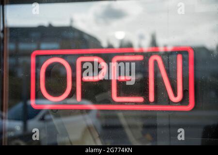 Neon open sign in a facility at Tacoma, Washington Stock Photo