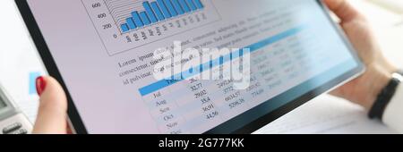 Female hands holding digital tablet with graphs and charts concept Stock Photo