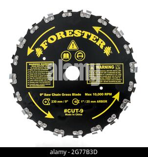 Winneconne, WI -11 July 2021:  A package Forester saw chain brush cutter blade on an isolated background Stock Photo