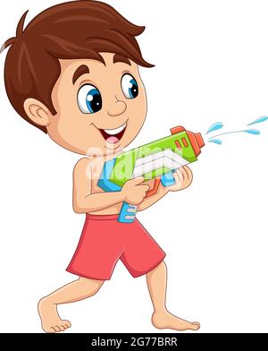 Cartoon little boy playing water gun Stock Vector