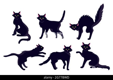 Cat black horror flat cartoon set. Halloween creepy thin kitten, cute or scary wicked, old wild cats collection. Funny playing character pet kitty design. Isolated vector illustration Stock Vector