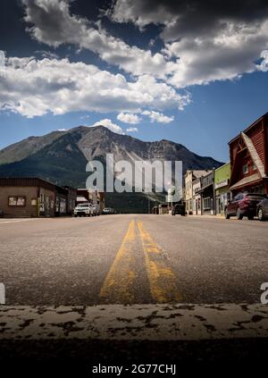 Bellevue Alberta Canada, July 13 2021: The main street in a popular mountains town in the Canadian Rocky Mountains. Stock Photo