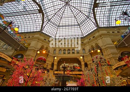 View of the galleries the floors of the State Department Store. The GUM is the large store facing Red Square. Moscow's trade center. Mar. 2017. Stock Photo