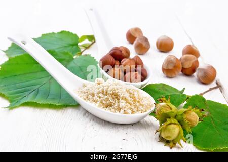 Flour and hazelnuts in two spoons, a branch of filbert with green leaves on a wooden board background Stock Photo