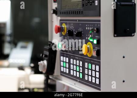 CNC control panel of modern metalworking machine. Selective focus. Stock Photo