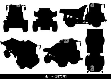 Set with silhouettes of dump truck in different positions isolated on white background. Vector illustration. Stock Vector