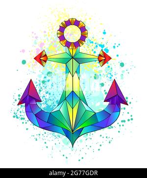 Artistically drawn iridescent, bright, polygonal anchor with bright splashes of paint on white background. Stock Vector