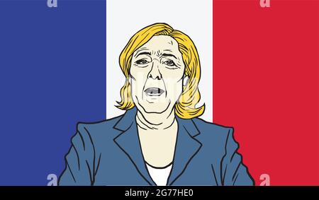 Marine Le Pen Cartoon on France Flag Background. Vector Illustration Stock Vector