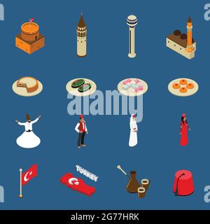Turkish cultural symbols for tourists isometric icons set with national traditional dishes clothing and mosque isolated vetor illustration